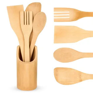 4Pcs Bamboo Essentials Kitchen Cooking Utensils With Utensils Holder