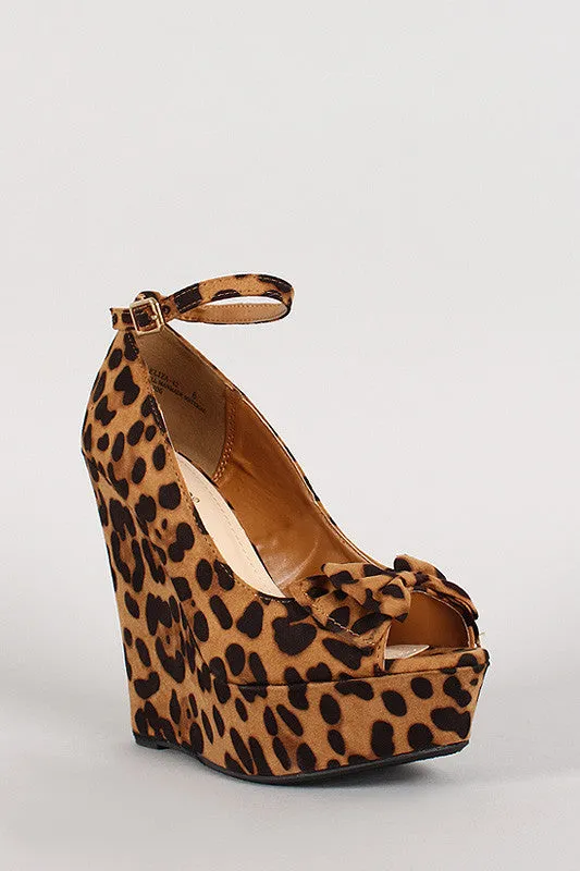 Bamboo Leopard Bow Open Toe Platform Wedge