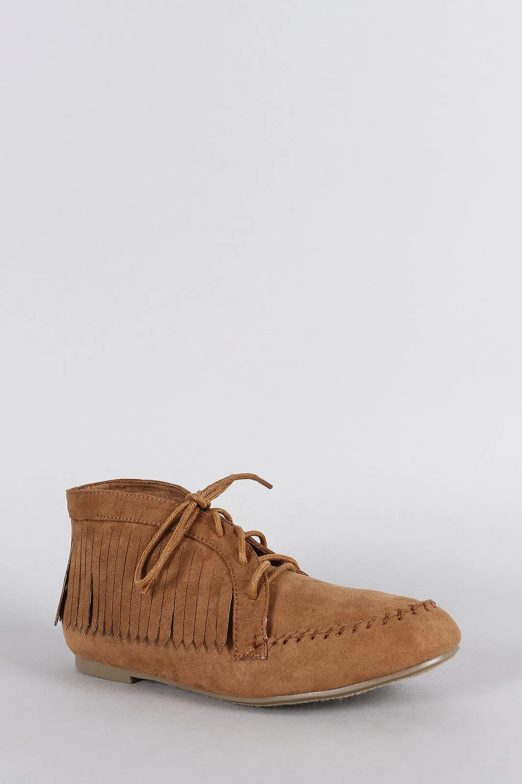 Bamboo Suede Round Toe Fringe Lace Up Moccasin Flat Booties