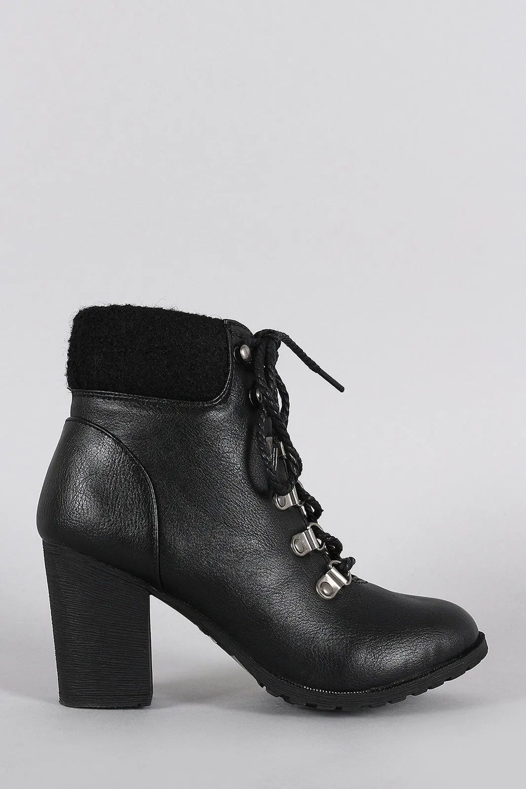 Bamboo Sweater Cuff Combat Lace Up Heeled Booties