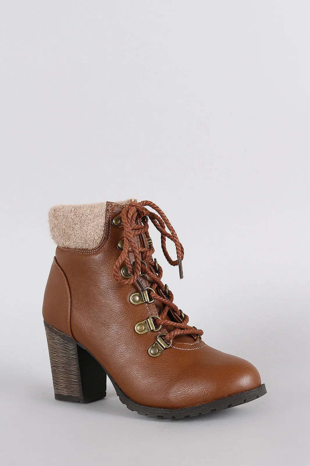 Bamboo Sweater Cuff Combat Lace Up Heeled Booties