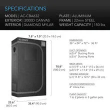 CLOUDLAB 632, ADVANCE GROW TENT 3X2, 2000D DIAMOND MYLAR CANVAS, 36" X 24" X 72"