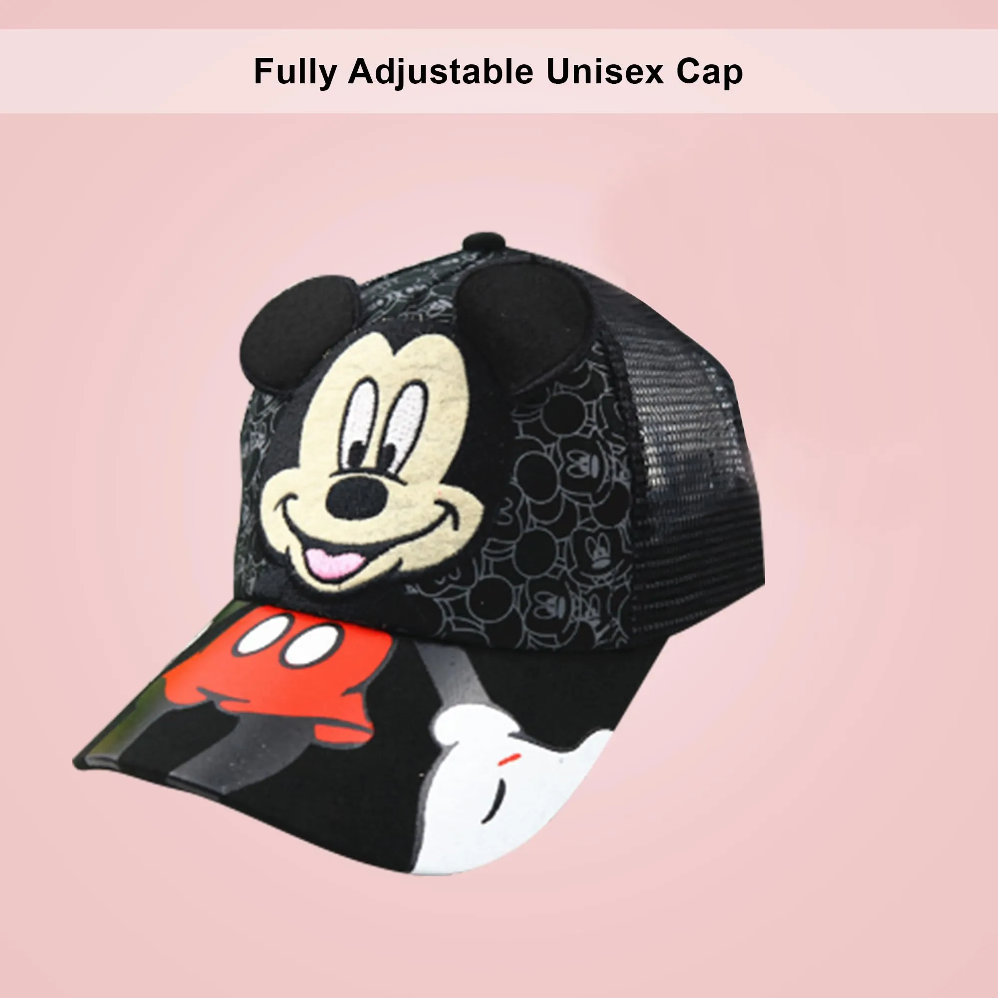 Kuber Industries Pack of 2 Mickey Mouse Cap | Adjustable Cap for Boys and Girls | Cartoon Character Printed Little Cap for Kids | Cap for 7-12 Year Old Baby Girls and Boys | QI0102-B | Black