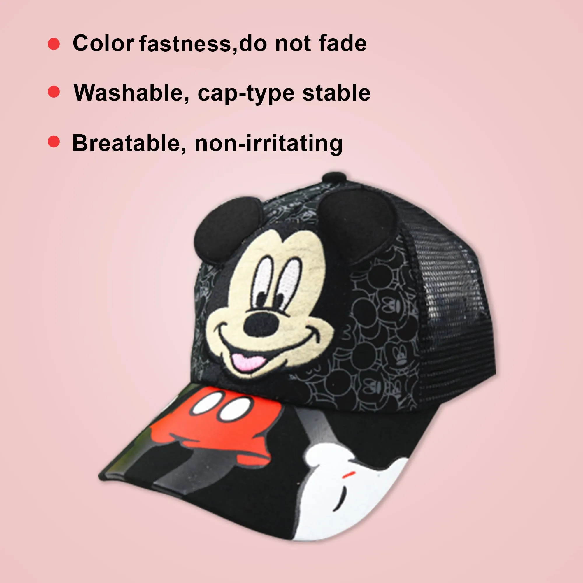 Kuber Industries Pack of 2 Mickey Mouse Cap | Adjustable Cap for Boys and Girls | Cartoon Character Printed Little Cap for Kids | Cap for 7-12 Year Old Baby Girls and Boys | QI0102-B | Black