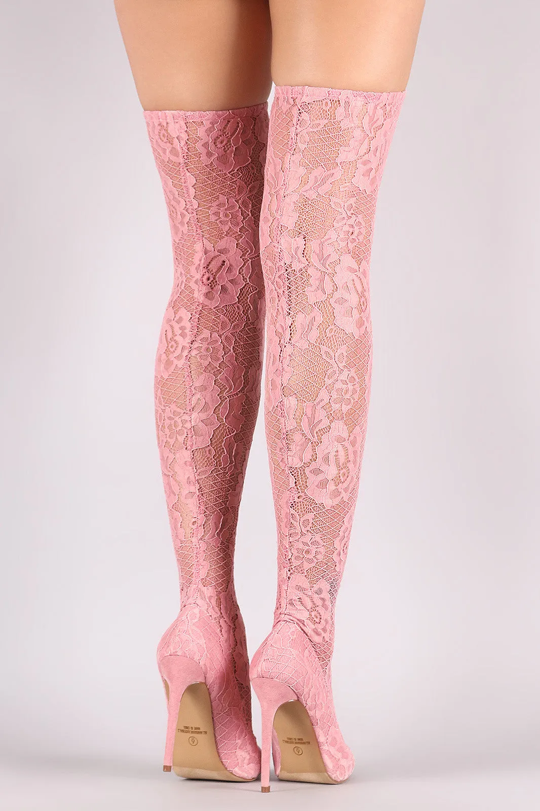 Liliana Floral Lace Pointy Toe Stiletto Over-The-Knee Boots