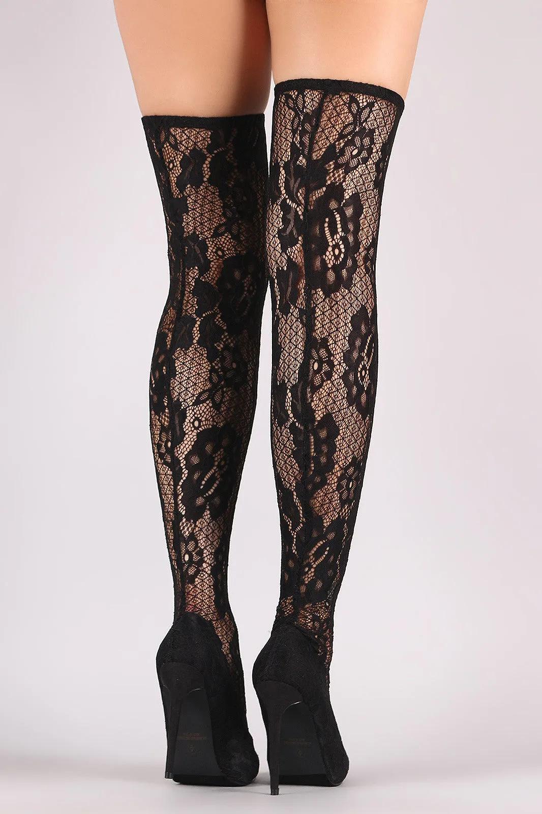 Liliana Floral Lace Pointy Toe Stiletto Over-The-Knee Boots