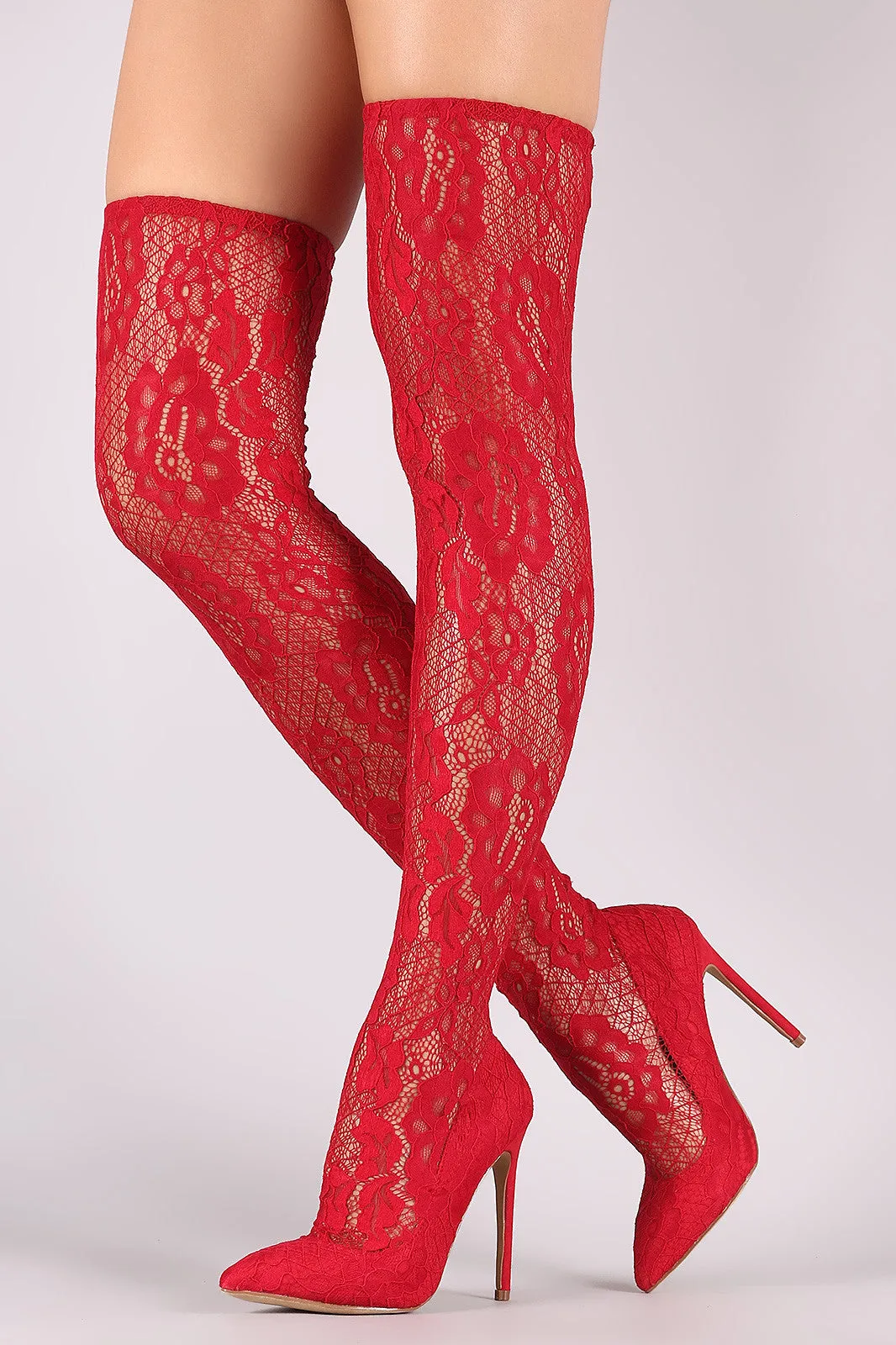 Liliana Floral Lace Pointy Toe Stiletto Over-The-Knee Boots