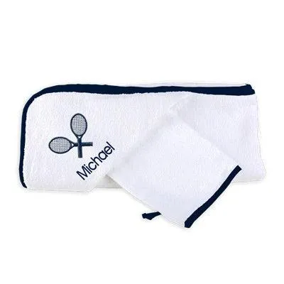 Personalized Basic Hooded Towel & Wash Mitt Set with Tennis Rackets