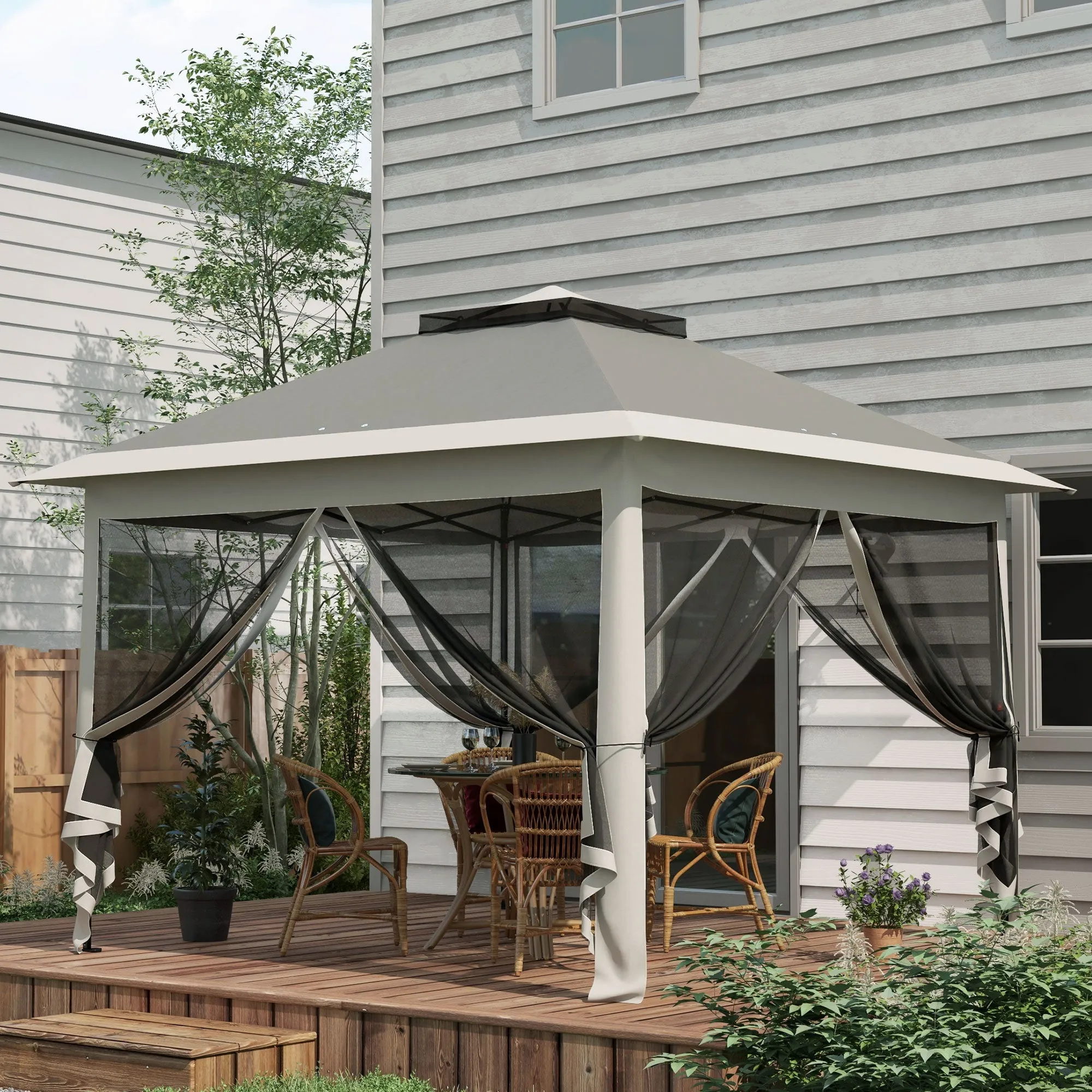 Pop Up Canopy Tent with Double Roof, Zipped Mesh Sidewalls, Carrying Bag, Height Adjustable for Patio Garden, Grey