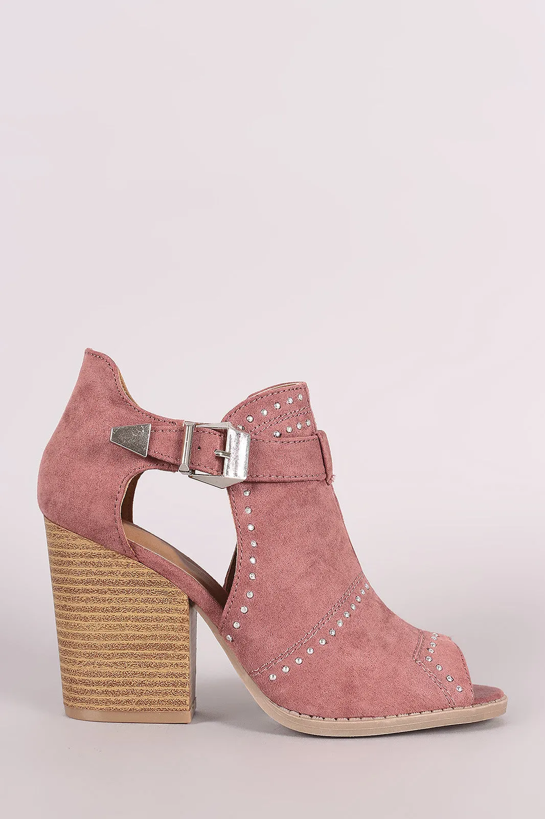 Qupid Suede Studded Peep Toe Stacked Chunky Heeled Booties