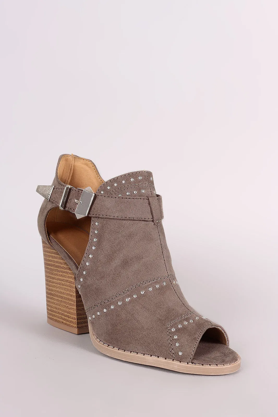 Qupid Suede Studded Peep Toe Stacked Chunky Heeled Booties