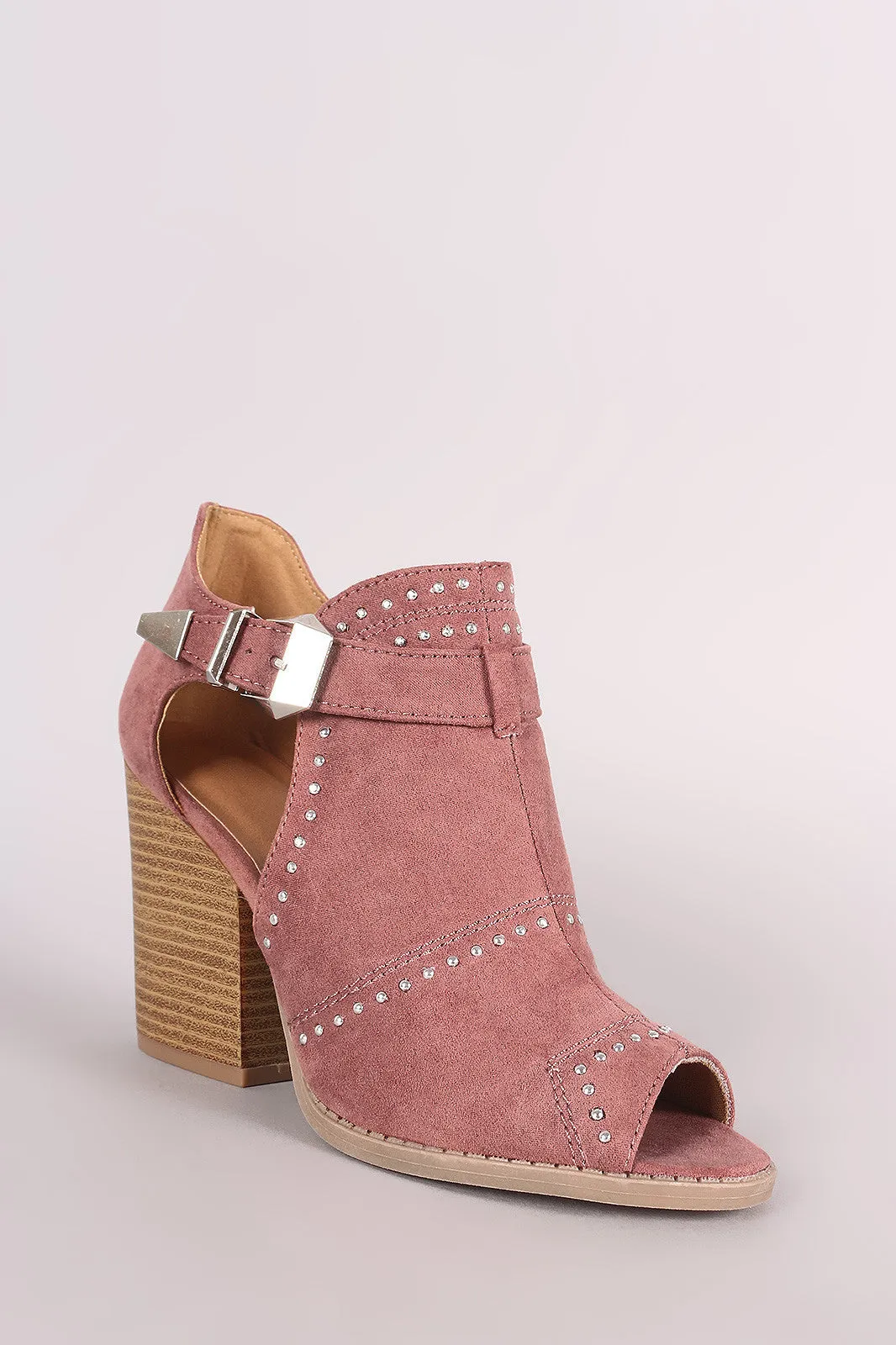 Qupid Suede Studded Peep Toe Stacked Chunky Heeled Booties