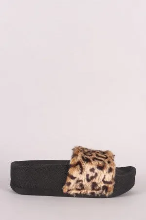 Soda Furry Leopard Flatform Slide Sandal