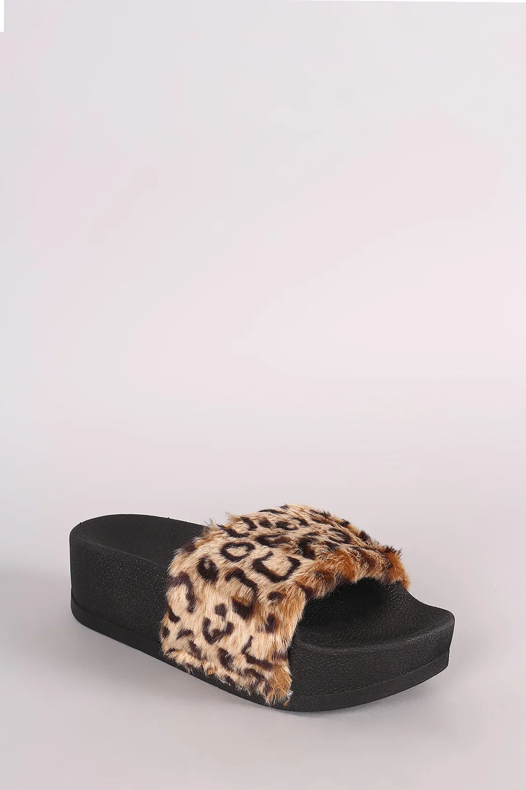 Soda Furry Leopard Flatform Slide Sandal