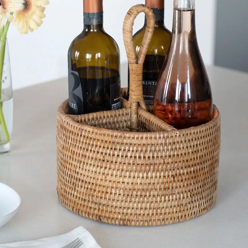 Woven rattan 4-compartment utensil and wine bottle holder