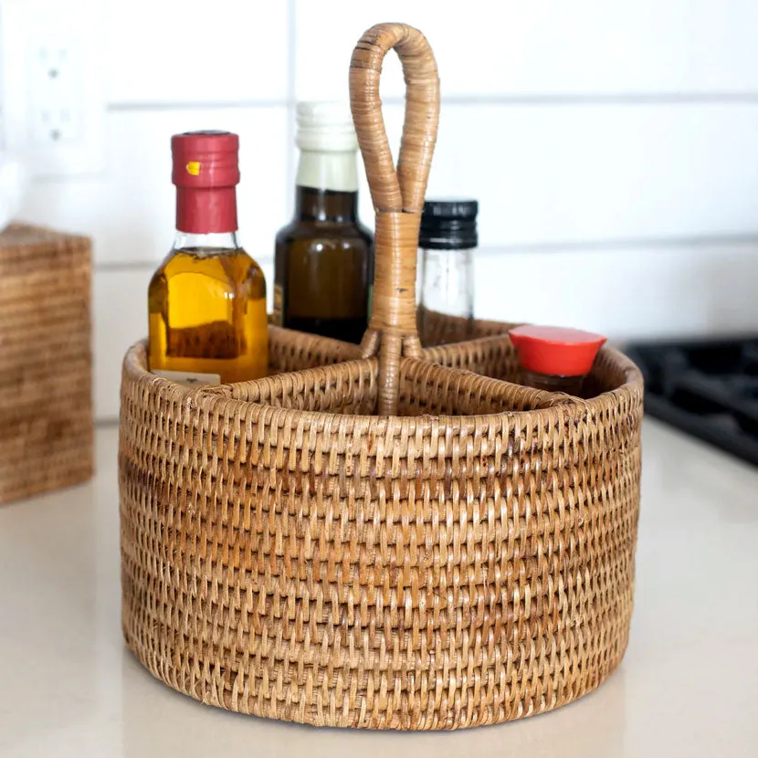 Woven rattan 4-compartment utensil and wine bottle holder