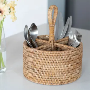 Woven rattan 4-compartment utensil and wine bottle holder